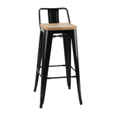 Bolero Bistro High Stool with Backrest Black & Wooden Seat Pad (Pack of 4)