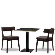Nico Dark Brown Side Chair x2 With 700mm Square Black Pietra Gold ABS Table