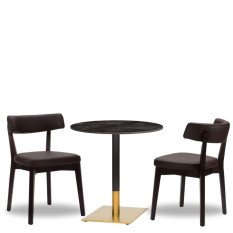 Nico Dark Brown Side Chair x2 With 700mm Round Black Portoro Ceramic Marble Table