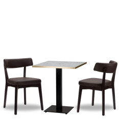 Nico Dark Brown Side Chair x2 With 700mm Square White Carrara Gold ABS Table