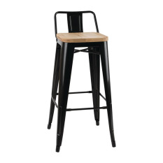 Bolero Bistro High Stool with Backrest Black & Wooden Seat Pad (Pack of 4)