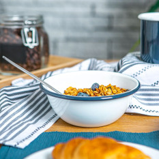 Enamel Bowl White with Navy Rim 16cm/6.25" (Pack of 6)