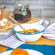 Enamel Bowl White with Green Rim 16cm/6.25" (Pack of 6)